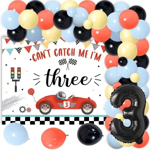 Retro Racing Car 3rd Birthday Party Decorations, Can't Catch Me I'm Three Backdrop, Vintage Race Car Balloon Arch Kit for Boys Girls Racing Themed 3 Years Old Birthday Supplies