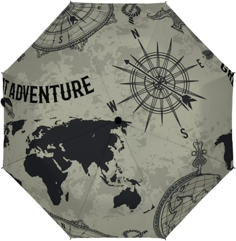 Retro World Map And Compass Travel Umbrella World Map Umbrella Anti-UV Strong Compact Stylish Auto Open/Close Handle Portable Umbrella for Rain Outdoor Use