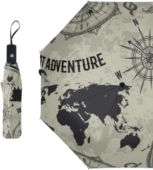 Retro World Map And Compass Travel Umbrella World Map Umbrella Anti-UV Strong Compact Stylish Auto Open/Close Handle Portable Umbrella for Rain Outdoor Use