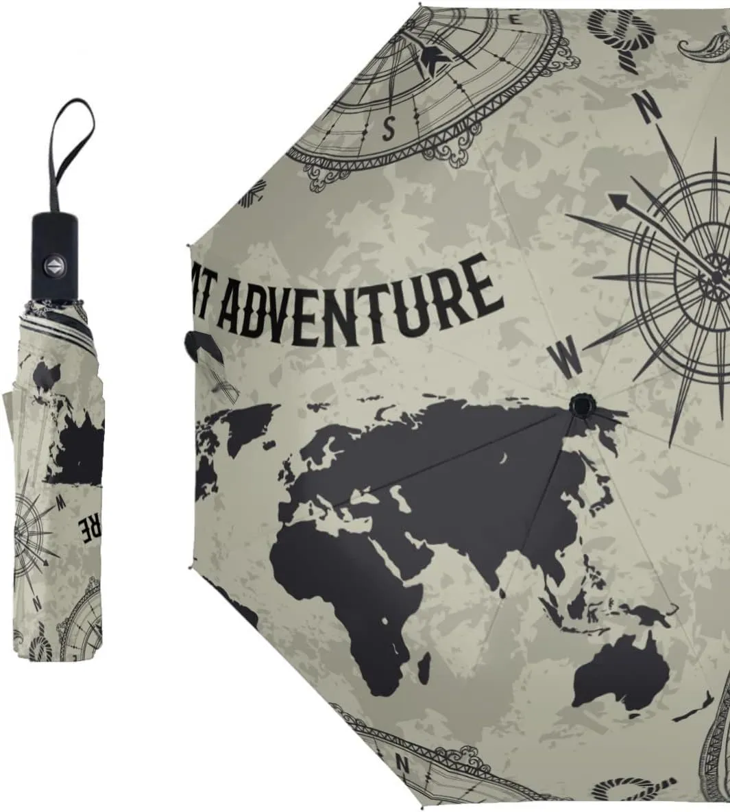 Retro World Map And Compass Travel Umbrella World Map Umbrella Anti-UV Strong Compact Stylish Auto Open/Close Handle Portable Umbrella for Rain Outdoor Use