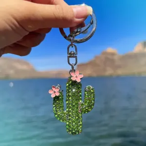 Rhinestone Saguaro Charm/Keychain w/ Pink Flowers