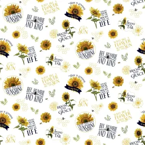 Riley Blake Honey Bees and Flowers Please Sunflower Words, Fabric by The Yard (White)