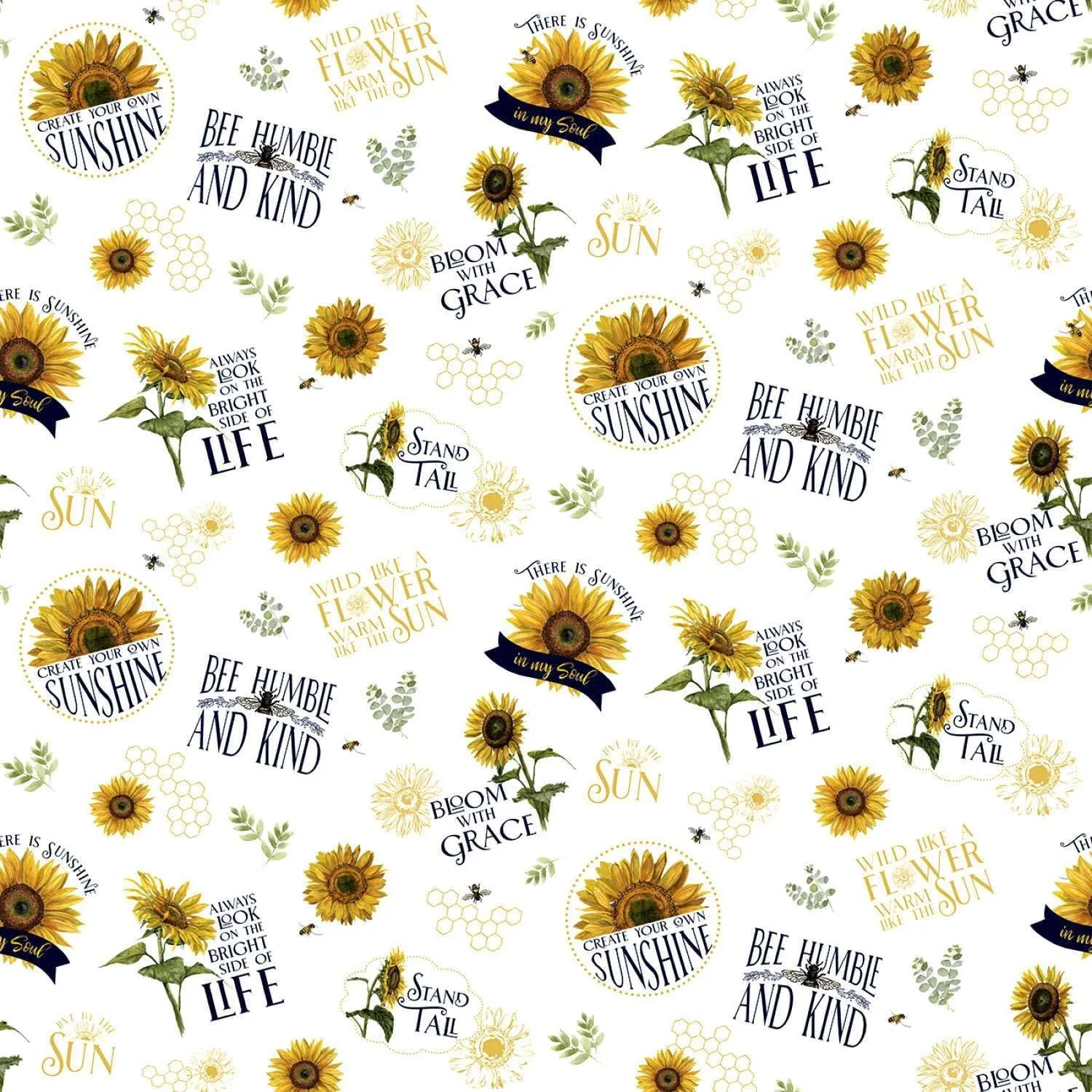 Riley Blake Honey Bees and Flowers Please Sunflower Words, Fabric by The Yard (White)