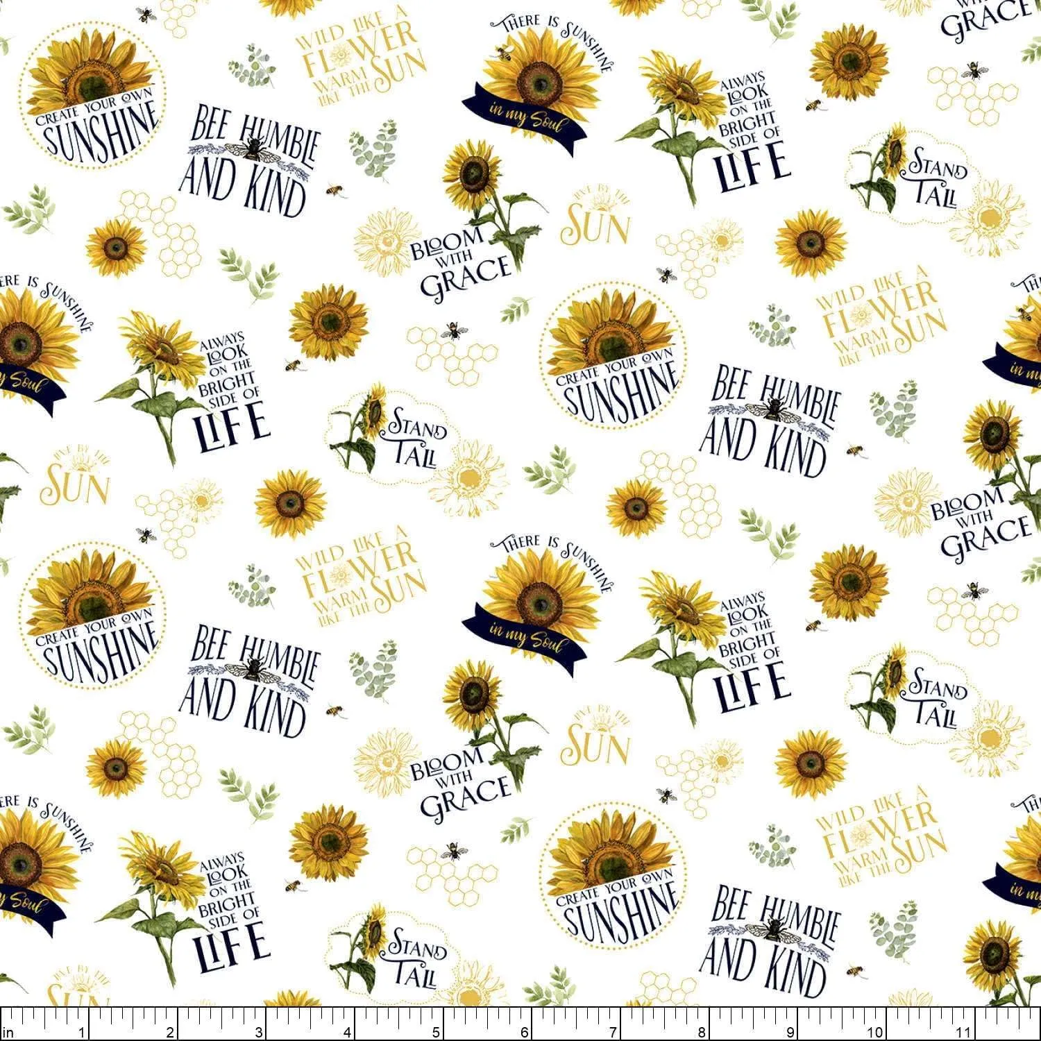Riley Blake Honey Bees and Flowers Please Sunflower Words, Fabric by The Yard (White)