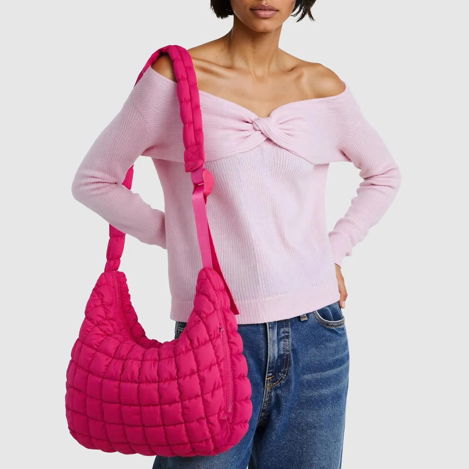 RM ROOMERS Quilted Puffer Tote Bag for Women Shoulder Bag for Work Large Overnight Crossbody Gym Bag Hot Pink Travel Purse