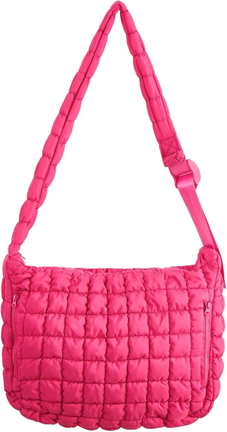 RM ROOMERS Quilted Puffer Tote Bag for Women Shoulder Bag for Work Large Overnight Crossbody Gym Bag Hot Pink Travel Purse