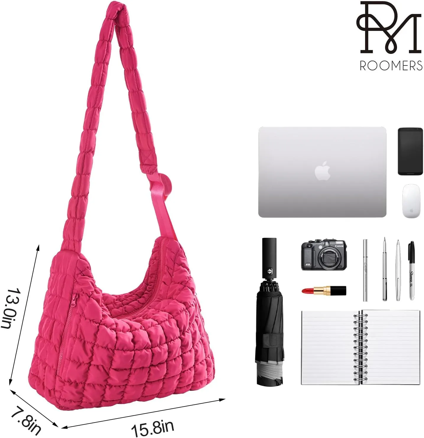 RM ROOMERS Quilted Puffer Tote Bag for Women Shoulder Bag for Work Large Overnight Crossbody Gym Bag Hot Pink Travel Purse