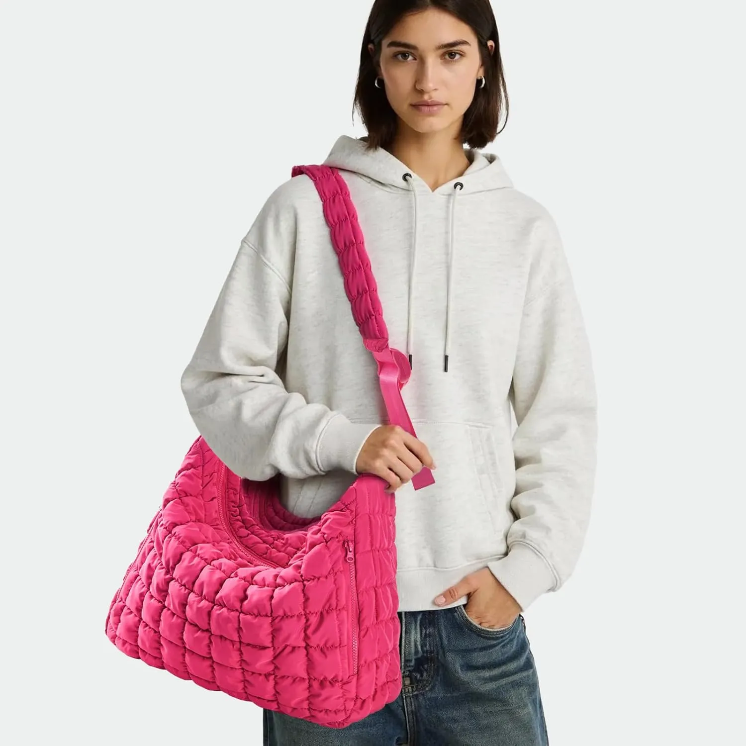 RM ROOMERS Quilted Puffer Tote Bag for Women Shoulder Bag for Work Large Overnight Crossbody Gym Bag Hot Pink Travel Purse