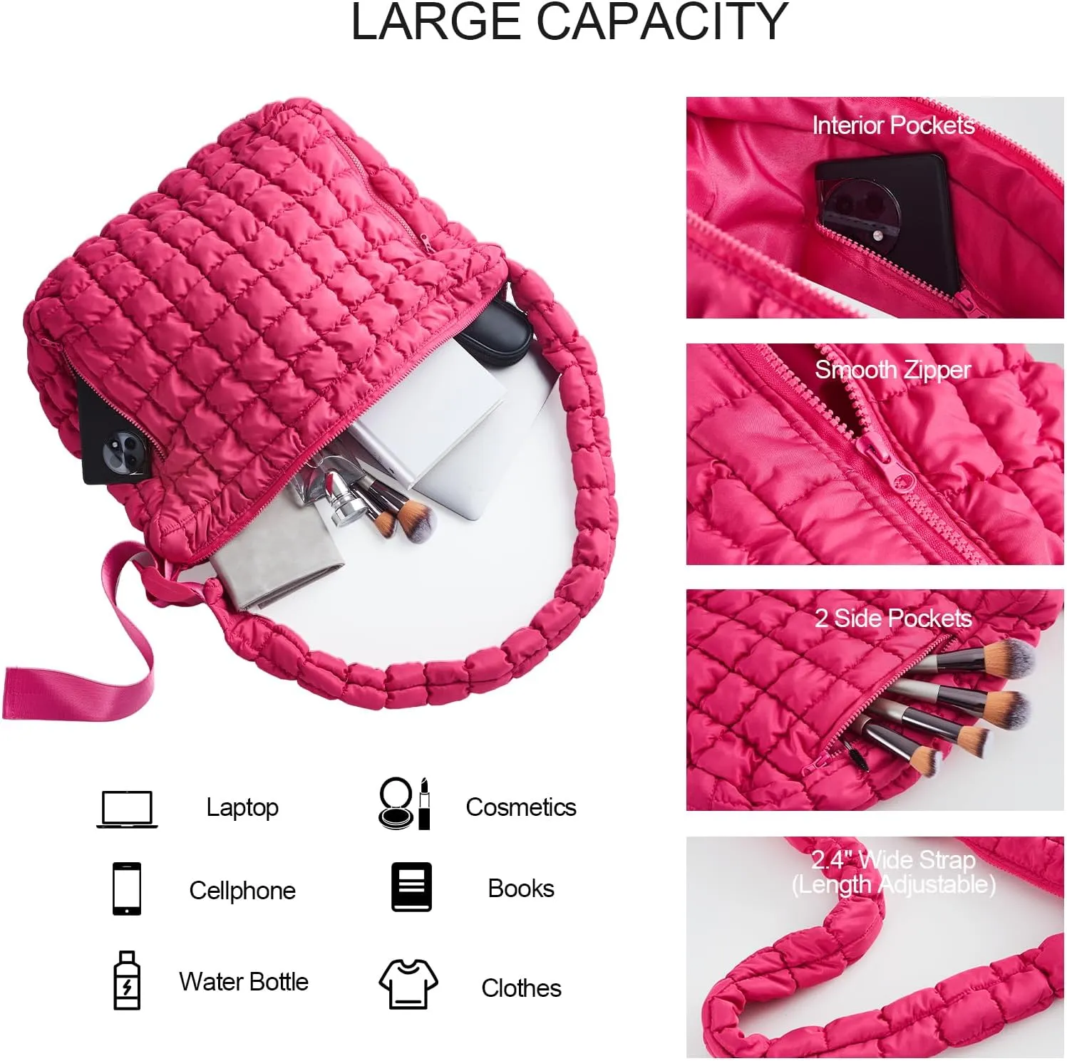 RM ROOMERS Quilted Puffer Tote Bag for Women Shoulder Bag for Work Large Overnight Crossbody Gym Bag Hot Pink Travel Purse