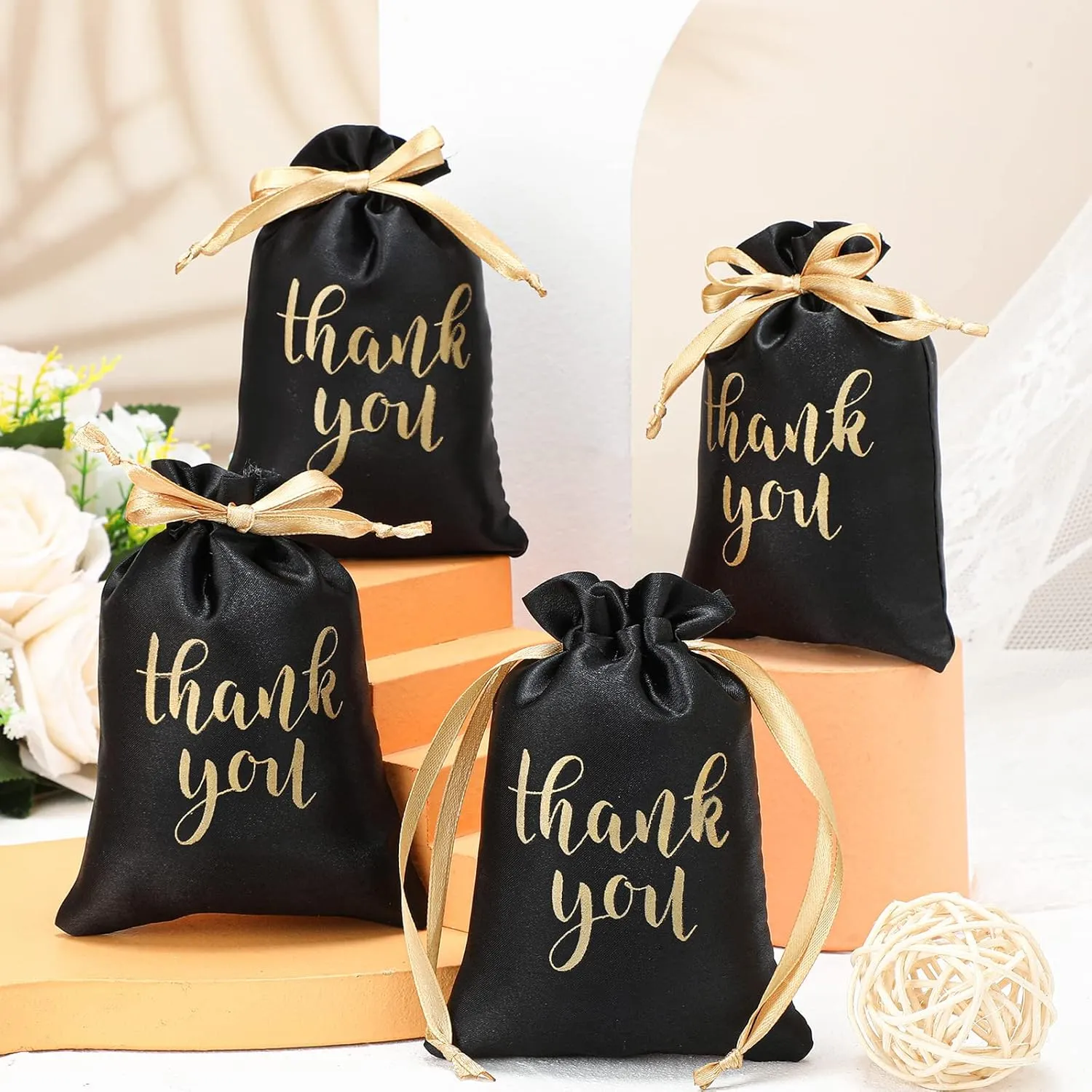Roowest 100 Pcs Thank You Satin Gift Bags Drawstring Jewelry Candy Pouches for Wedding Bridal Shower Baby Shower Favor Drawstring Bag for Birthday Holiday Party(4 x 6 Inch,Black)