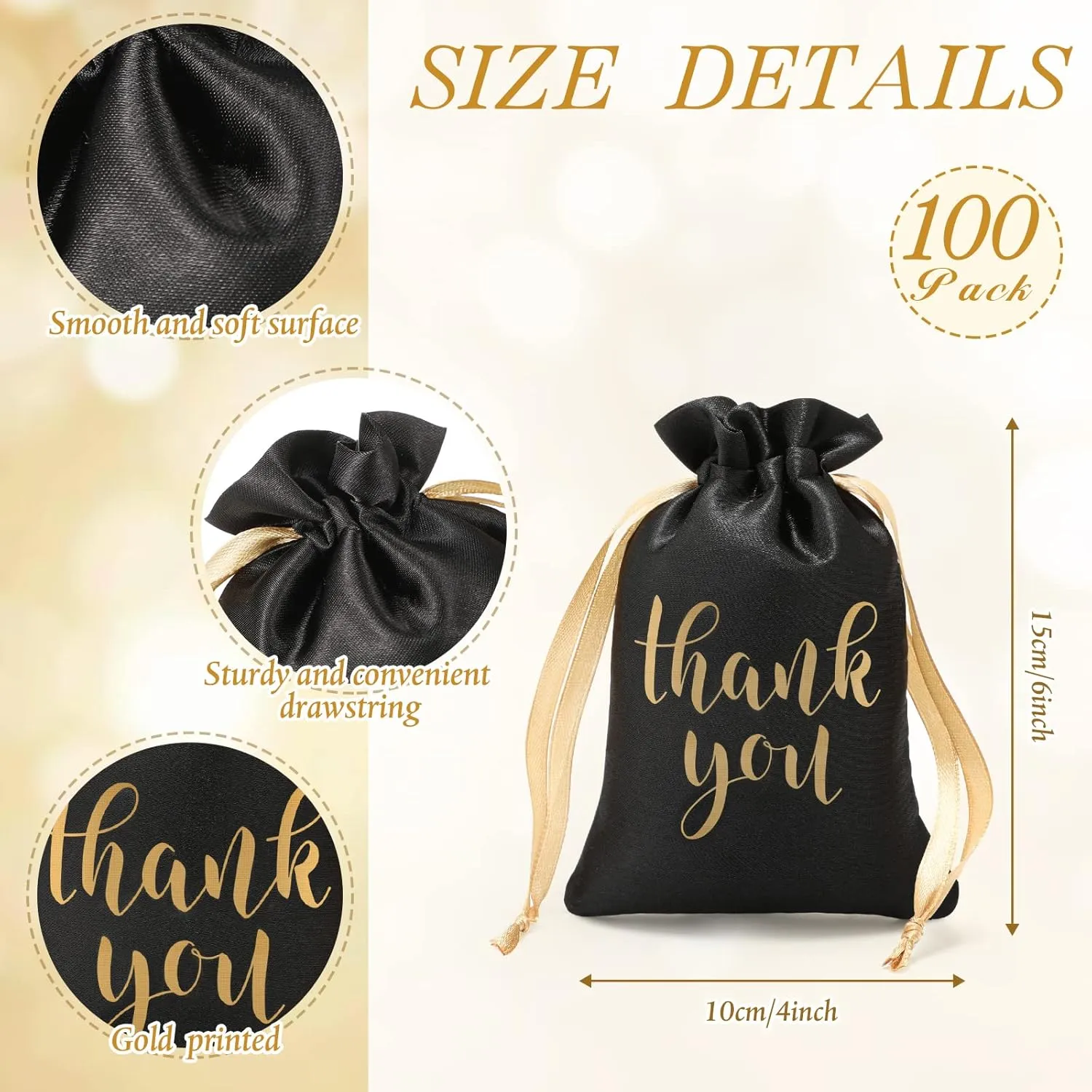 Roowest 100 Pcs Thank You Satin Gift Bags Drawstring Jewelry Candy Pouches for Wedding Bridal Shower Baby Shower Favor Drawstring Bag for Birthday Holiday Party(4 x 6 Inch,Black)