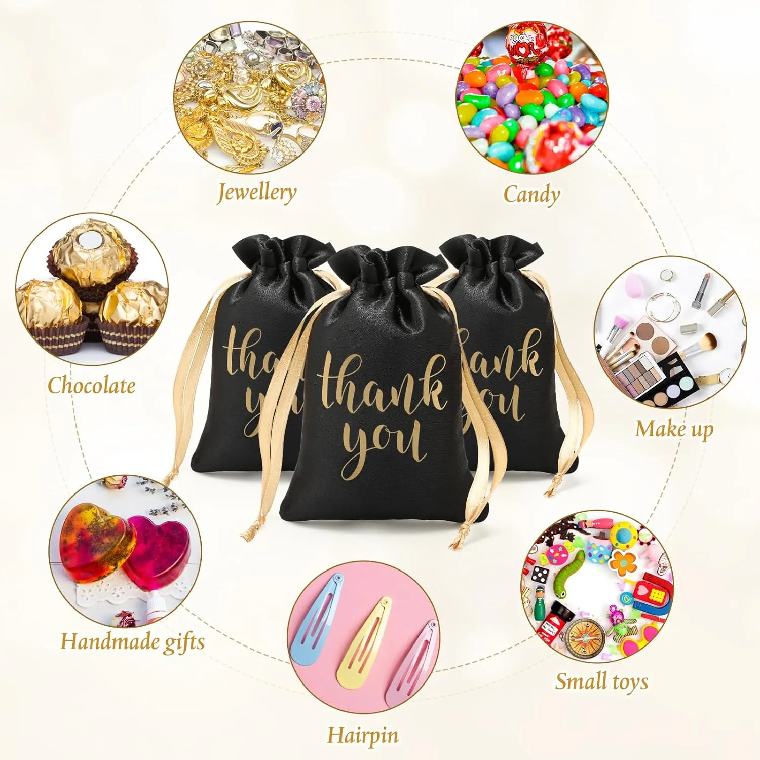 Roowest 100 Pcs Thank You Satin Gift Bags Drawstring Jewelry Candy Pouches for Wedding Bridal Shower Baby Shower Favor Drawstring Bag for Birthday Holiday Party(4 x 6 Inch,Black)