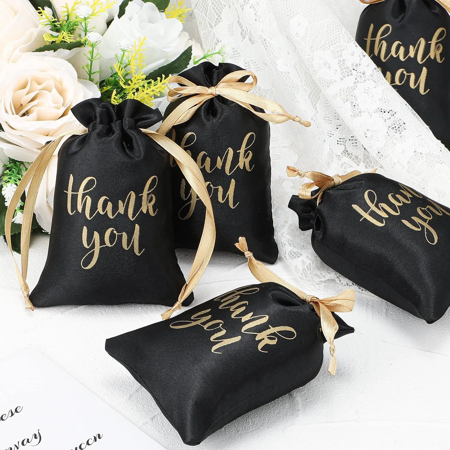Roowest 100 Pcs Thank You Satin Gift Bags Drawstring Jewelry Candy Pouches for Wedding Bridal Shower Baby Shower Favor Drawstring Bag for Birthday Holiday Party(4 x 6 Inch,Black)