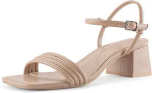 Round Strappy Heels for Women Open Square Toe Chunky Heeled Sandals Ankle Strap Block Low Heels