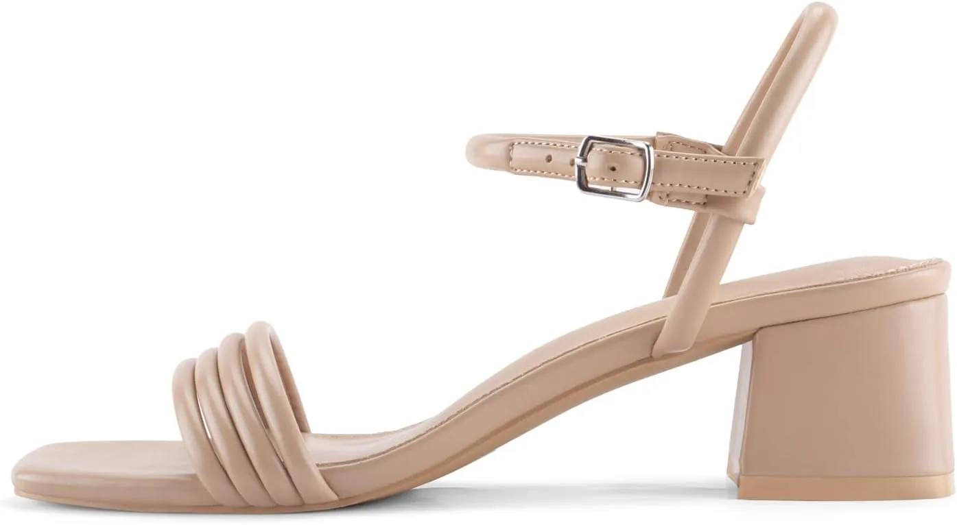 Round Strappy Heels for Women Open Square Toe Chunky Heeled Sandals Ankle Strap Block Low Heels