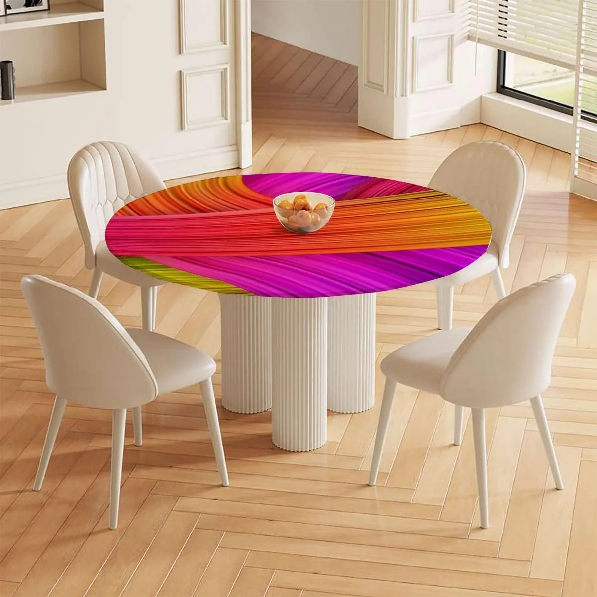 Round Tablecloth,Waterproof Tablecloth Retro and Summer Sunny Round Table Set Beach Birthday Party Decoration Supplies Swirl Wavy Stripe Fits up 38"-42" Diameter Tables Purple Yellow Pink