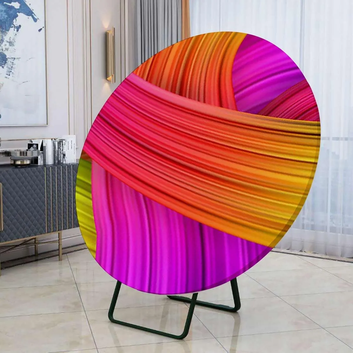 Round Tablecloth,Waterproof Tablecloth Retro and Summer Sunny Round Table Set Beach Birthday Party Decoration Supplies Swirl Wavy Stripe Fits up 38"-42" Diameter Tables Purple Yellow Pink