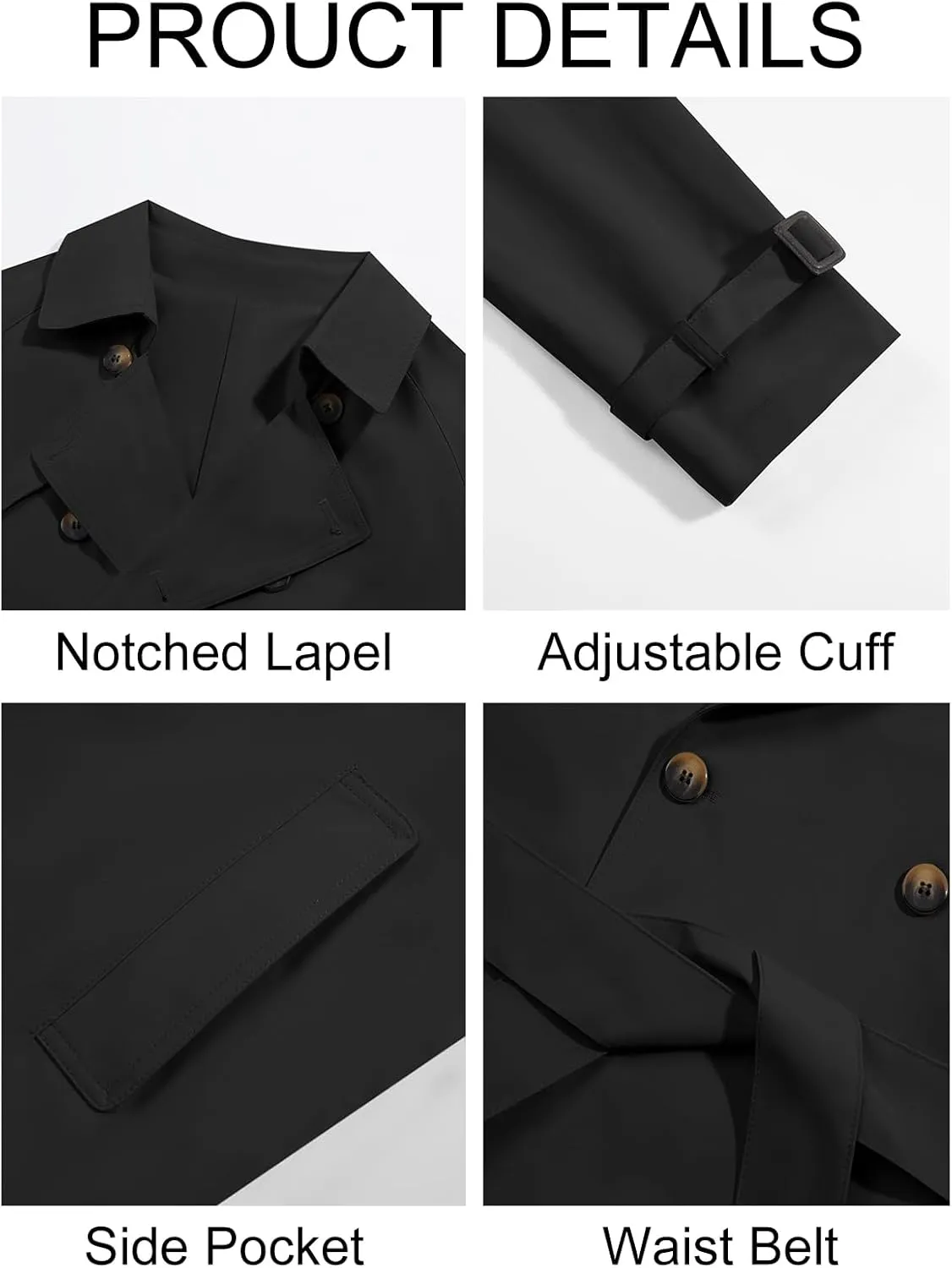 Runcati Mens Trench Coat Double Breasted Long Jacket Casual Windbreaker Notched Lapel Belted Overcoat
