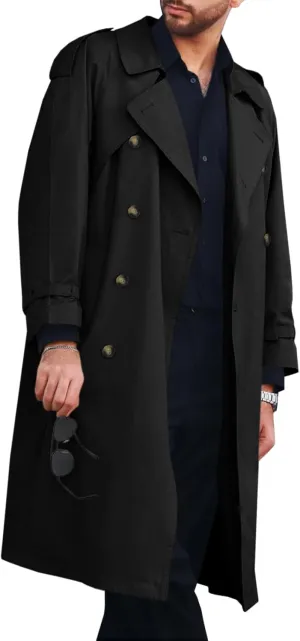 Runcati Mens Trench Coat Double Breasted Long Jacket Casual Windbreaker Notched Lapel Belted Overcoat