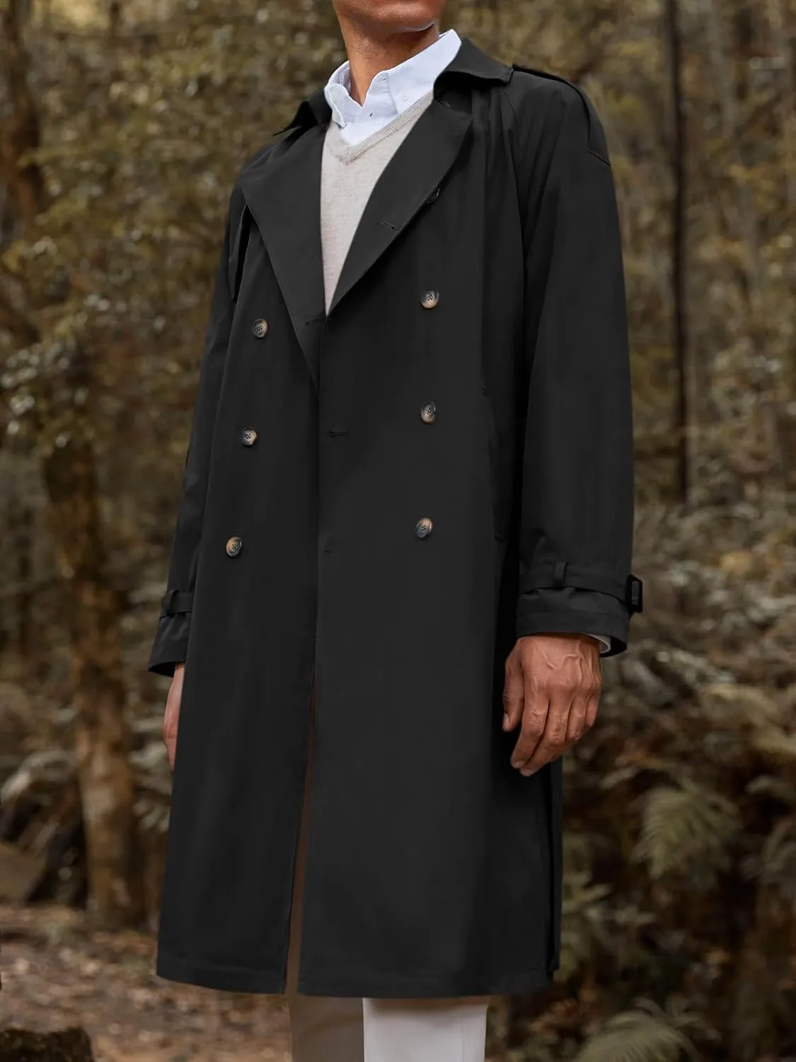 Runcati Mens Trench Coat Double Breasted Long Jacket Casual Windbreaker Notched Lapel Belted Overcoat