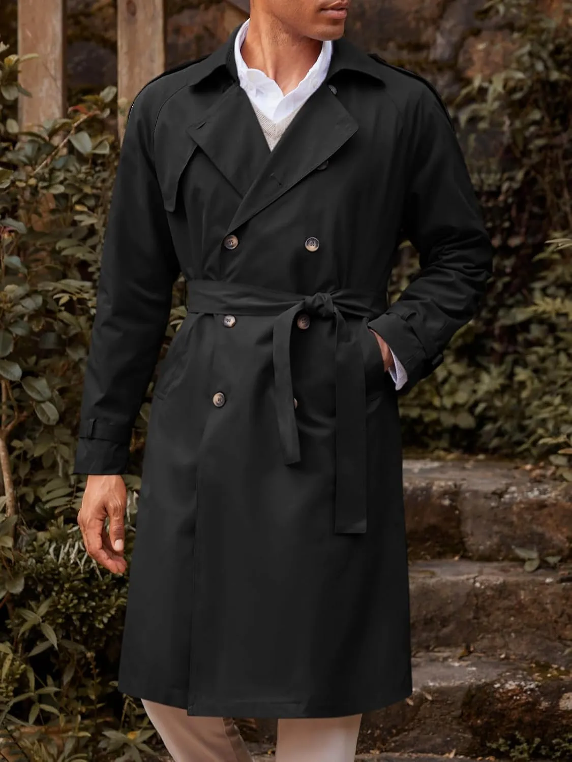 Runcati Mens Trench Coat Double Breasted Long Jacket Casual Windbreaker Notched Lapel Belted Overcoat