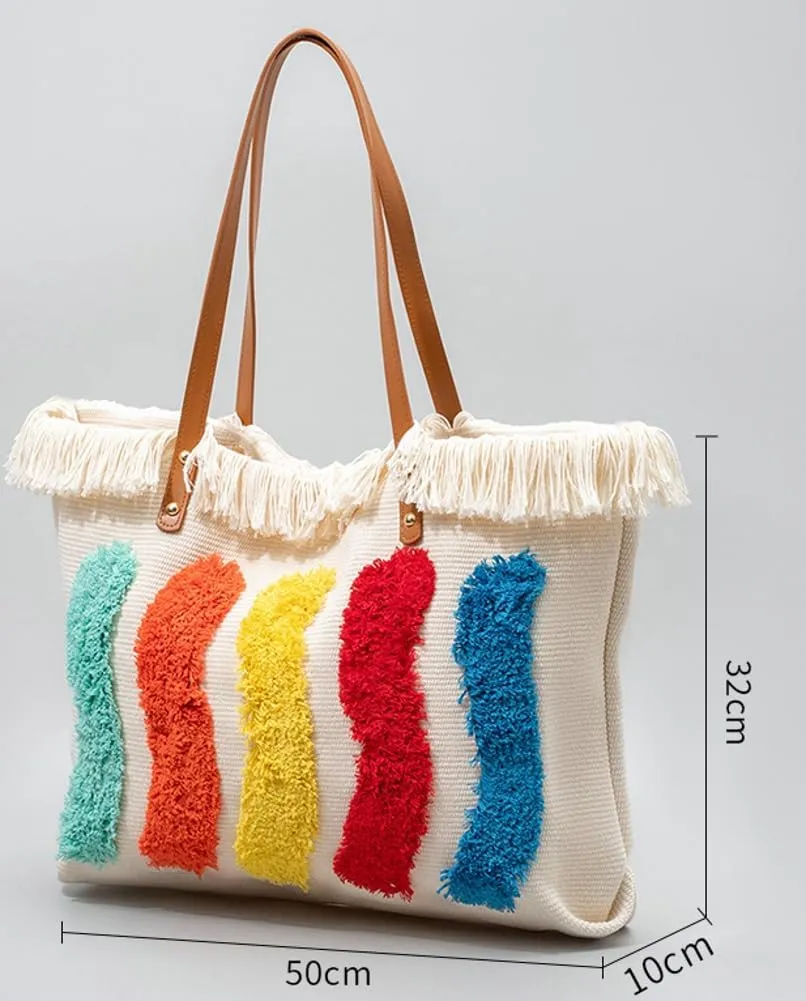 Rungion Large Canvas Tote Bag for Women Work Casual Shoulder Handbags Bohemia Tassels Travel Shopping Top Handle Purses
