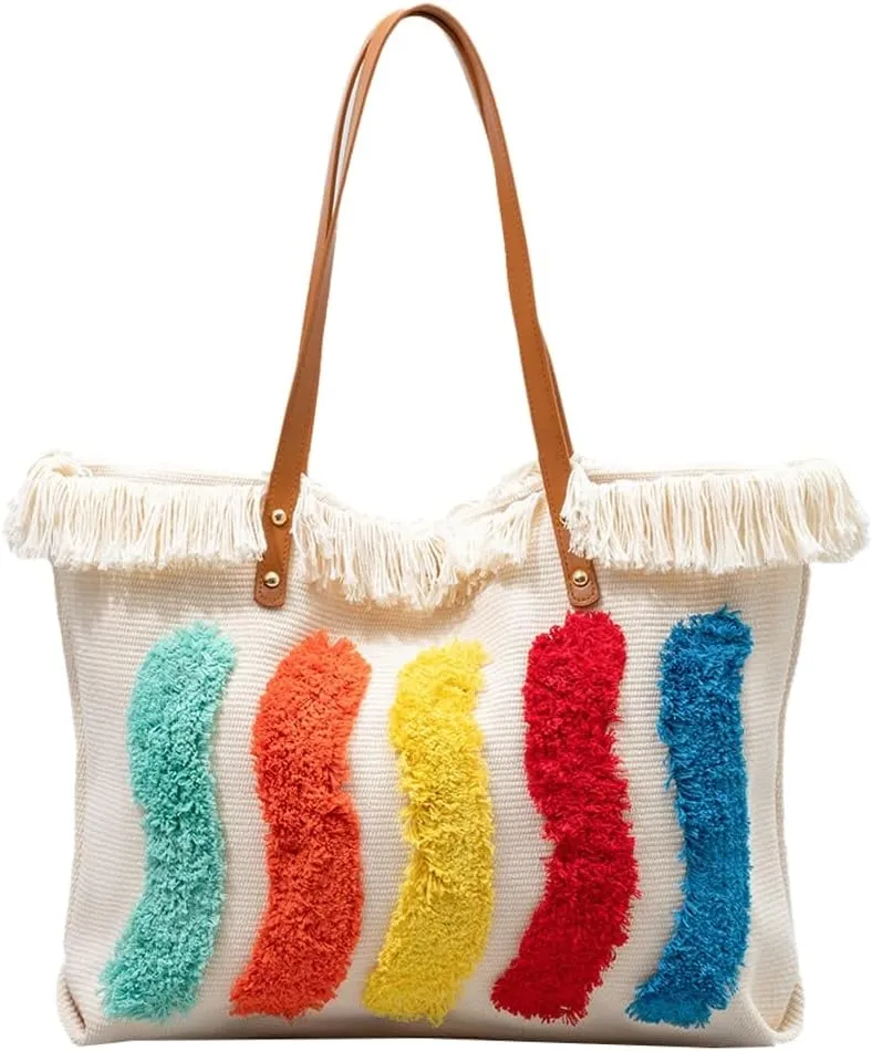 Rungion Large Canvas Tote Bag for Women Work Casual Shoulder Handbags Bohemia Tassels Travel Shopping Top Handle Purses