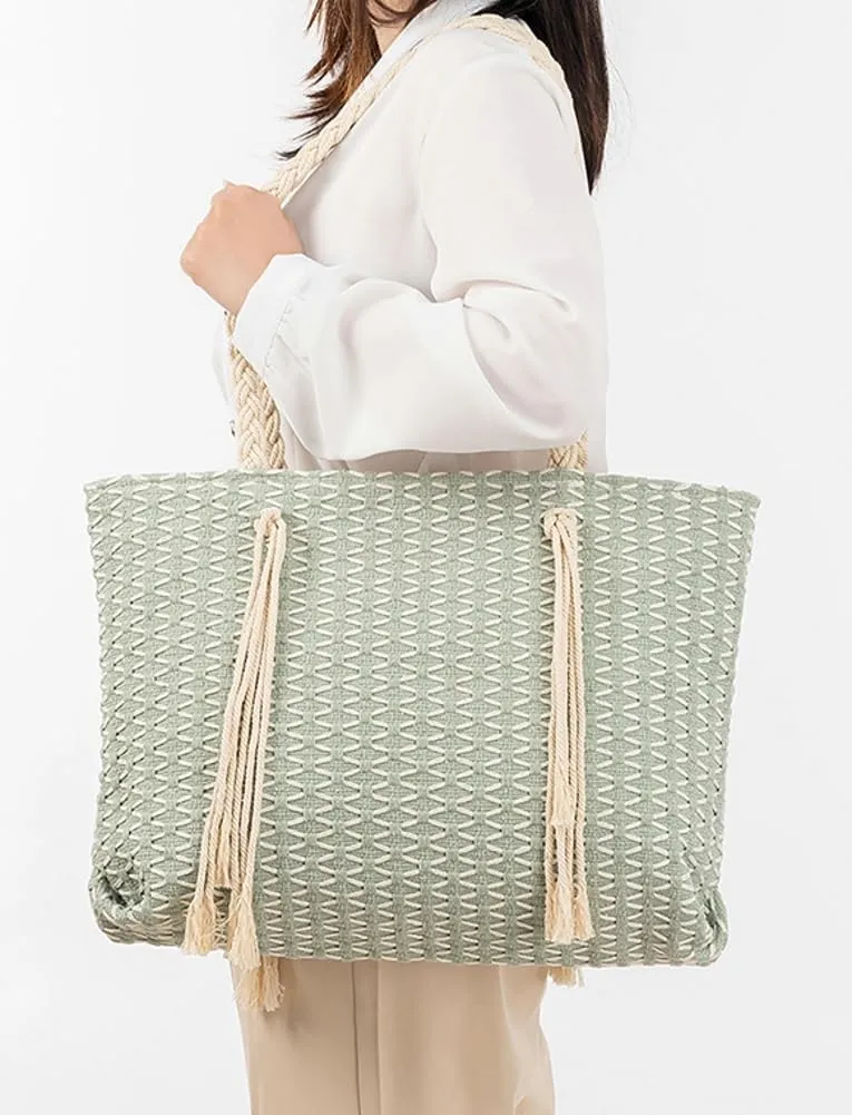 Rungion Large Canvas Tote Bag for Women Work Casual Shoulder Handbags Bohemia Tassels Travel Shopping Top Handle Purses