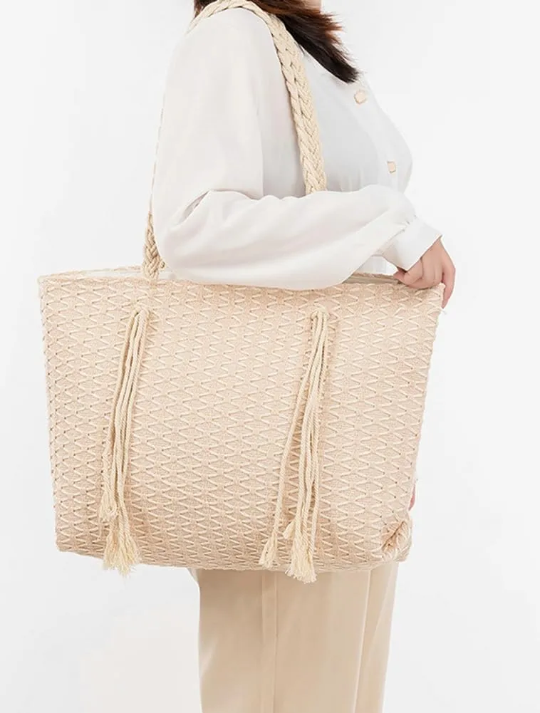 Rungion Large Canvas Tote Bag for Women Work Casual Shoulder Handbags Bohemia Tassels Travel Shopping Top Handle Purses