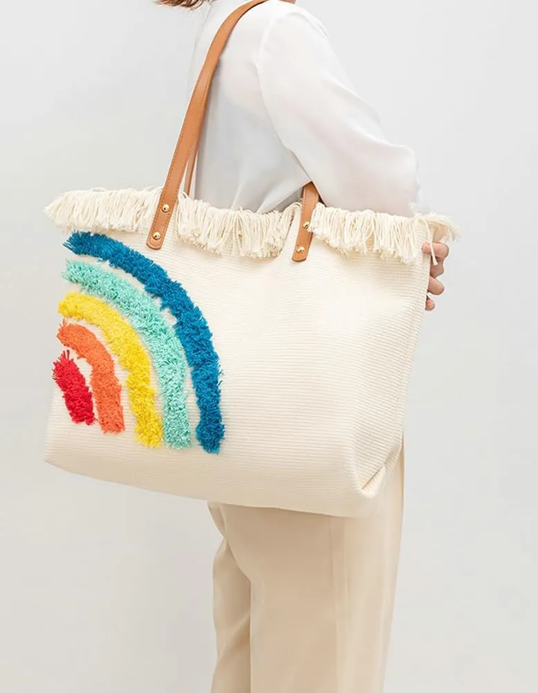 Rungion Large Canvas Tote Bag for Women Work Casual Shoulder Handbags Bohemia Tassels Travel Shopping Top Handle Purses