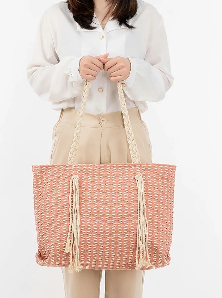 Rungion Large Canvas Tote Bag for Women Work Casual Shoulder Handbags Bohemia Tassels Travel Shopping Top Handle Purses