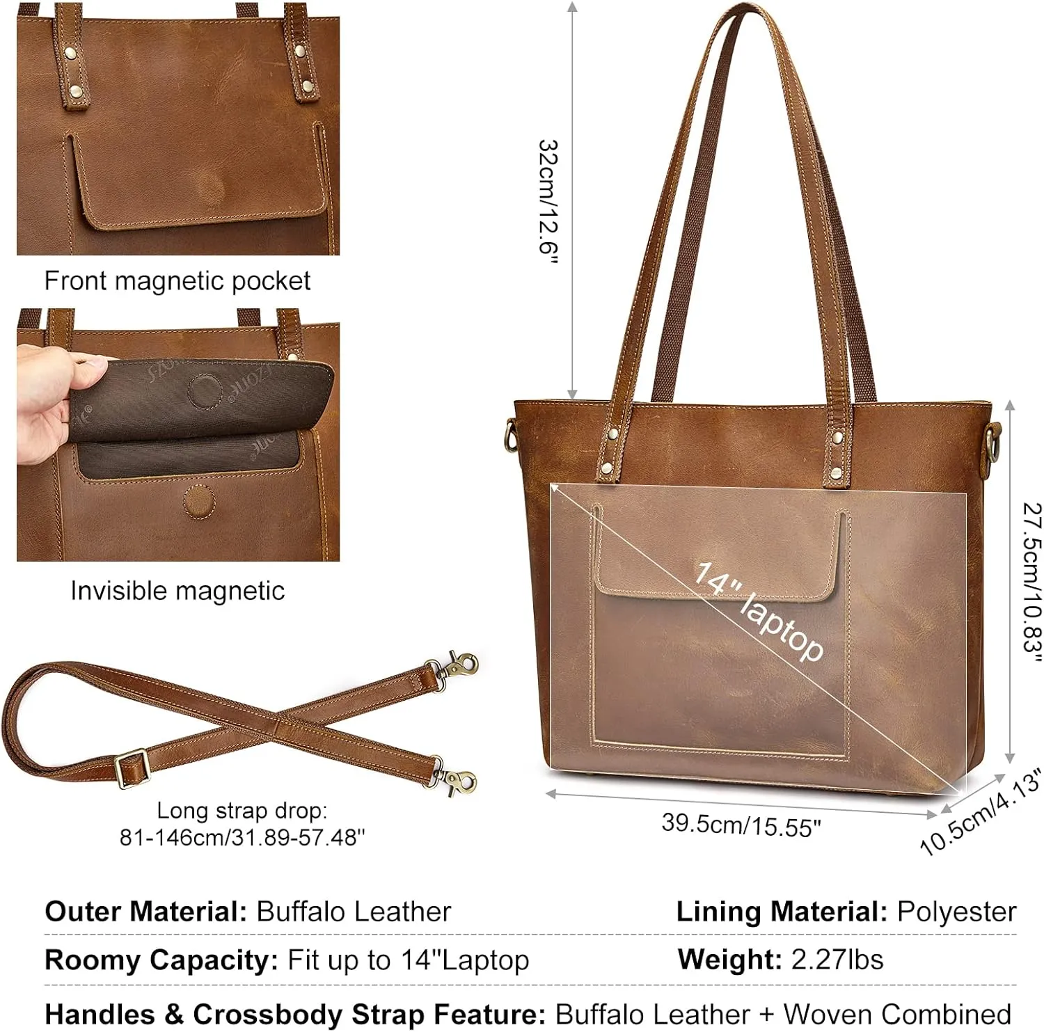 S-ZONE Women Genuine Leather Tote Bag Shoulder Handbag Vintage Crossbody Purse