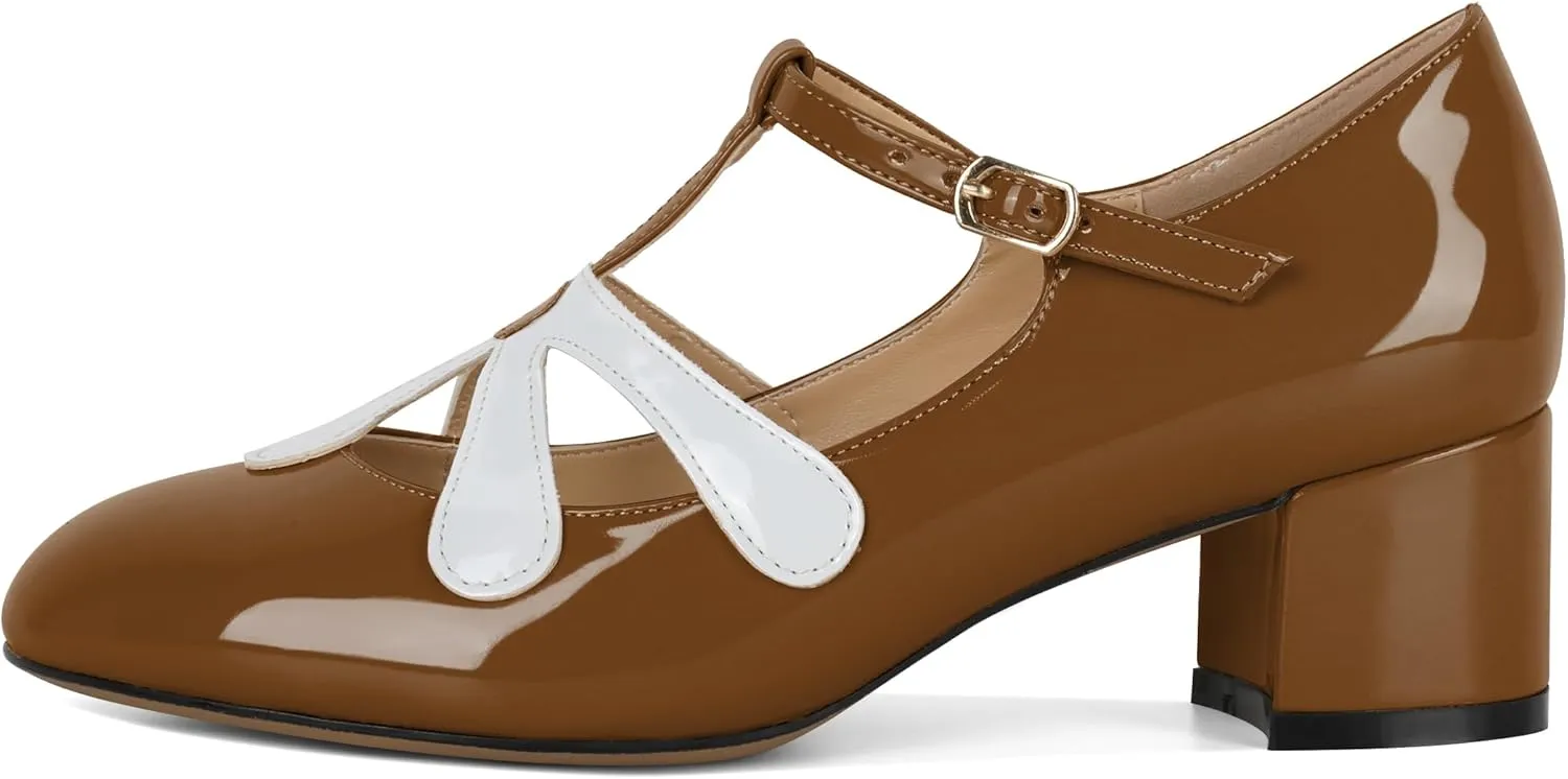 SAMMITOP Womens Mary Jane Shoes Chunky Block Heel Round Toe Low Heels T-Strap Mary Jane Pumps Flower Girl Shoes Dress Shoes 2 Inch