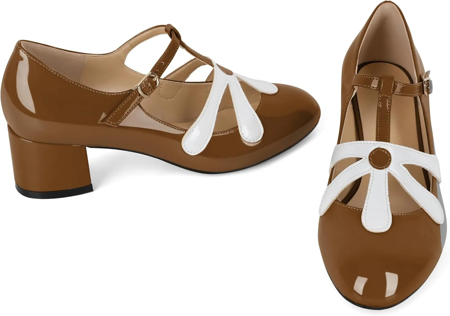 SAMMITOP Womens Mary Jane Shoes Chunky Block Heel Round Toe Low Heels T-Strap Mary Jane Pumps Flower Girl Shoes Dress Shoes 2 Inch