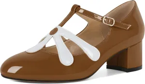 SAMMITOP Womens Mary Jane Shoes Chunky Block Heel Round Toe Low Heels T-Strap Mary Jane Pumps Flower Girl Shoes Dress Shoes 2 Inch