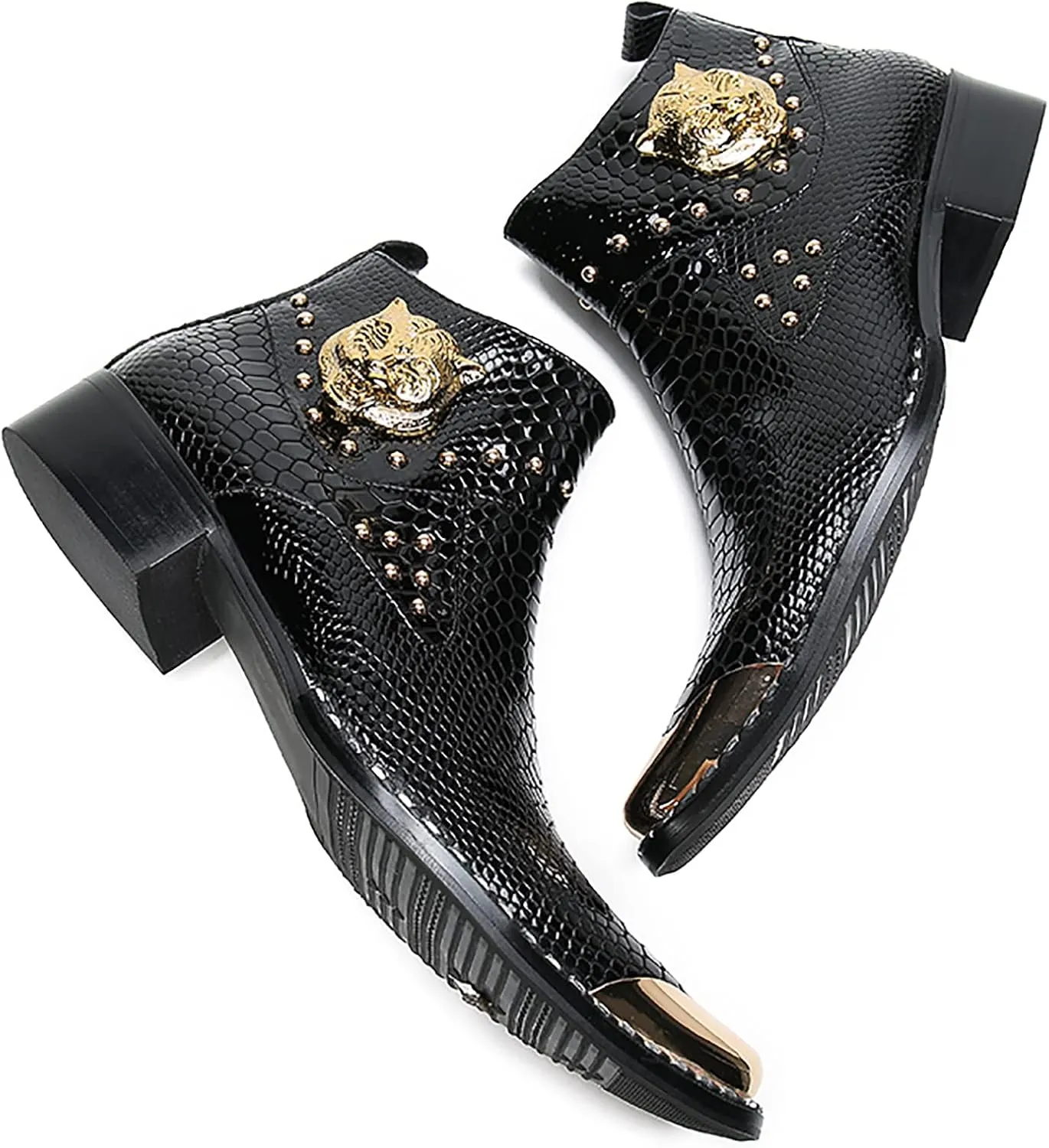 Santimon Men Chelsea Boots Casual Dress Ankle Boots Handmade Genuine Leather Western Boot Metal Square Toe Zipper Snake Print Party Wedding Disco Singer Cowboy Boots for Men