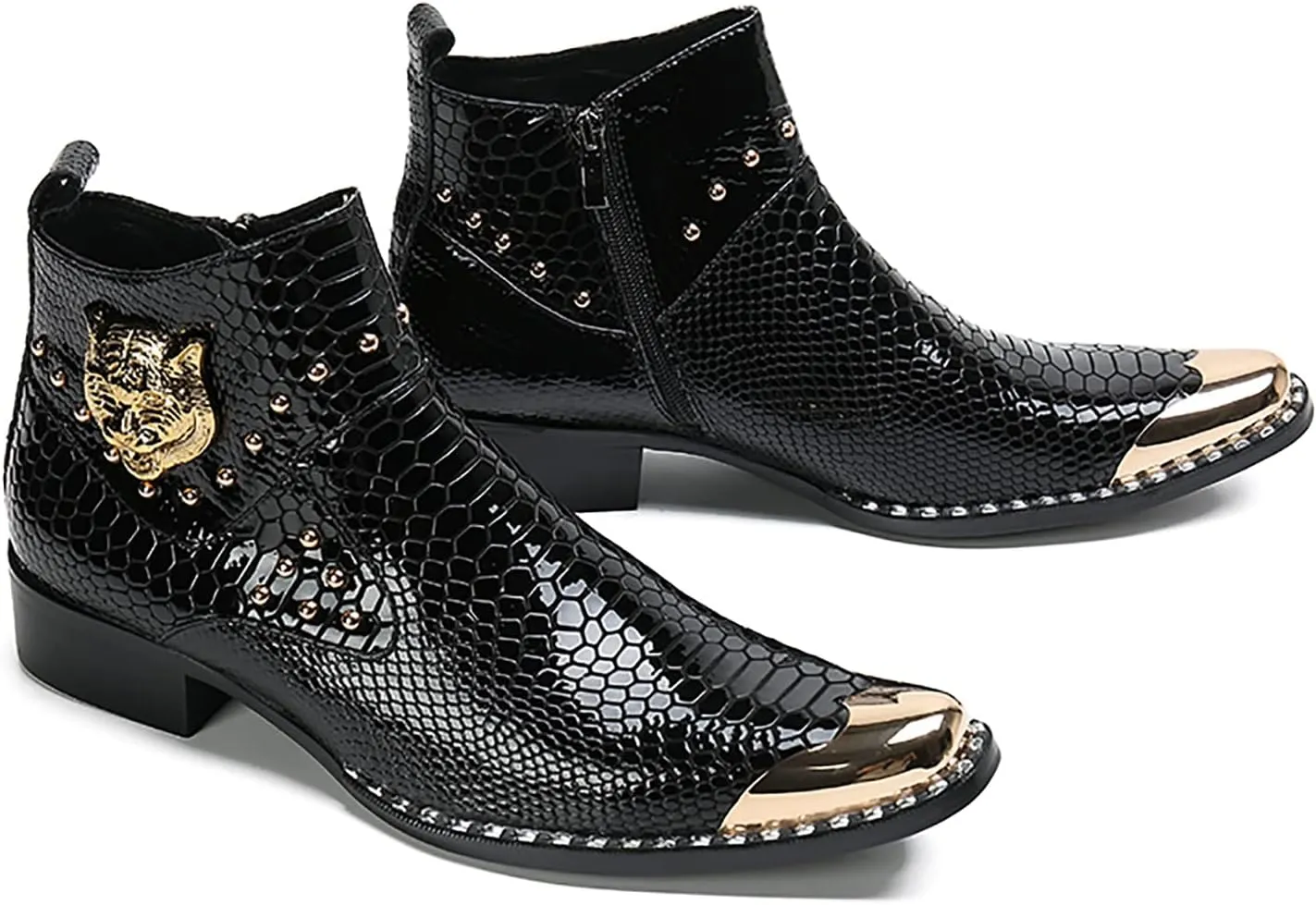 Santimon Men Chelsea Boots Casual Dress Ankle Boots Handmade Genuine Leather Western Boot Metal Square Toe Zipper Snake Print Party Wedding Disco Singer Cowboy Boots for Men