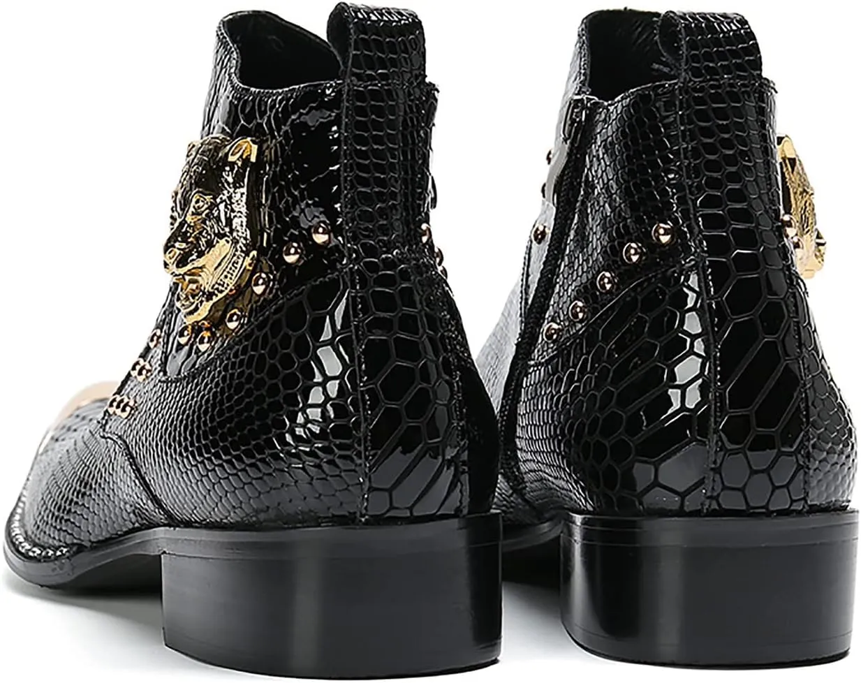 Santimon Men Chelsea Boots Casual Dress Ankle Boots Handmade Genuine Leather Western Boot Metal Square Toe Zipper Snake Print Party Wedding Disco Singer Cowboy Boots for Men