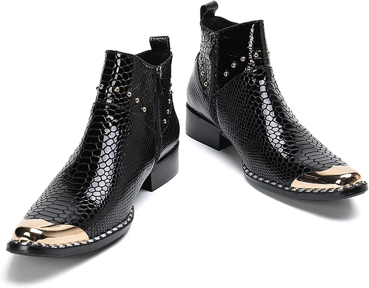 Santimon Men Chelsea Boots Casual Dress Ankle Boots Handmade Genuine Leather Western Boot Metal Square Toe Zipper Snake Print Party Wedding Disco Singer Cowboy Boots for Men