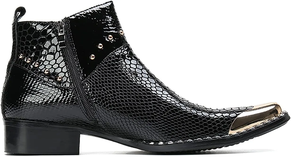 Santimon Men Chelsea Boots Casual Dress Ankle Boots Handmade Genuine Leather Western Boot Metal Square Toe Zipper Snake Print Party Wedding Disco Singer Cowboy Boots for Men