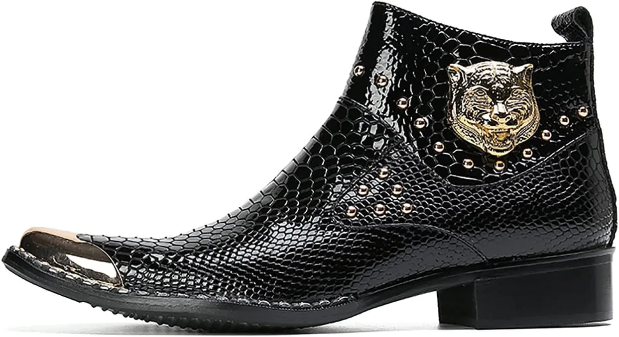 Santimon Men Chelsea Boots Casual Dress Ankle Boots Handmade Genuine Leather Western Boot Metal Square Toe Zipper Snake Print Party Wedding Disco Singer Cowboy Boots for Men