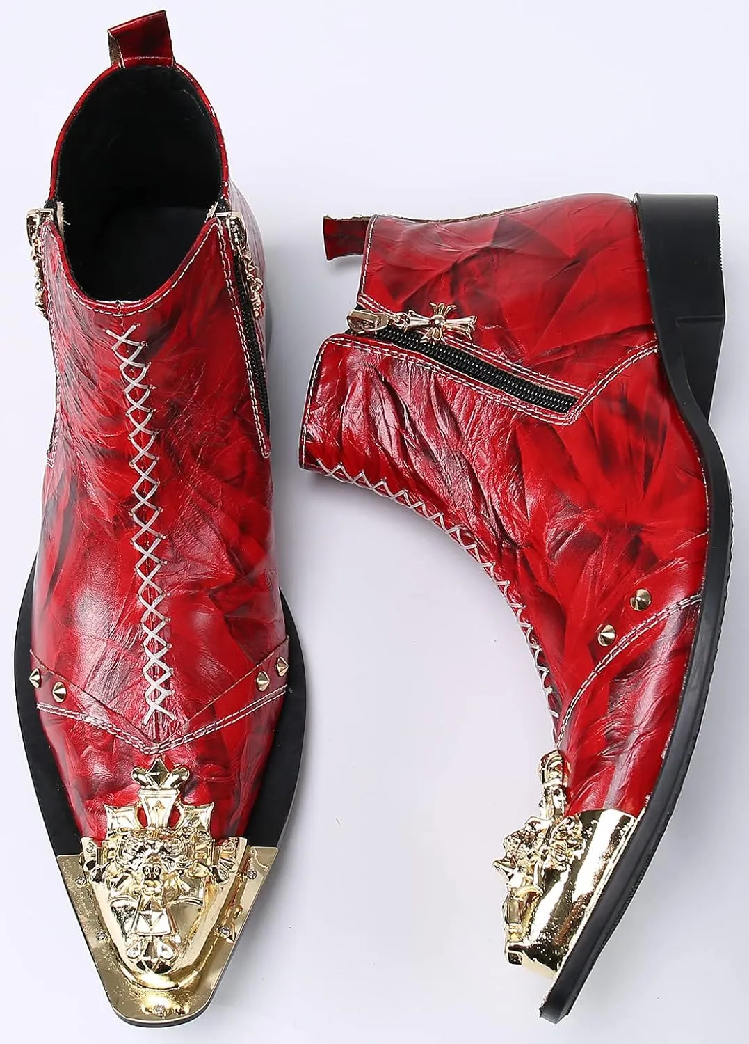 Santimon Mens Chelsea Boots Dress Casual Party Disco Western Boots Metal Wingtip Toe Genuine Leather Double Zipper Ankle Boots Singer Ballroom Wedding Prom Cowboy Boots