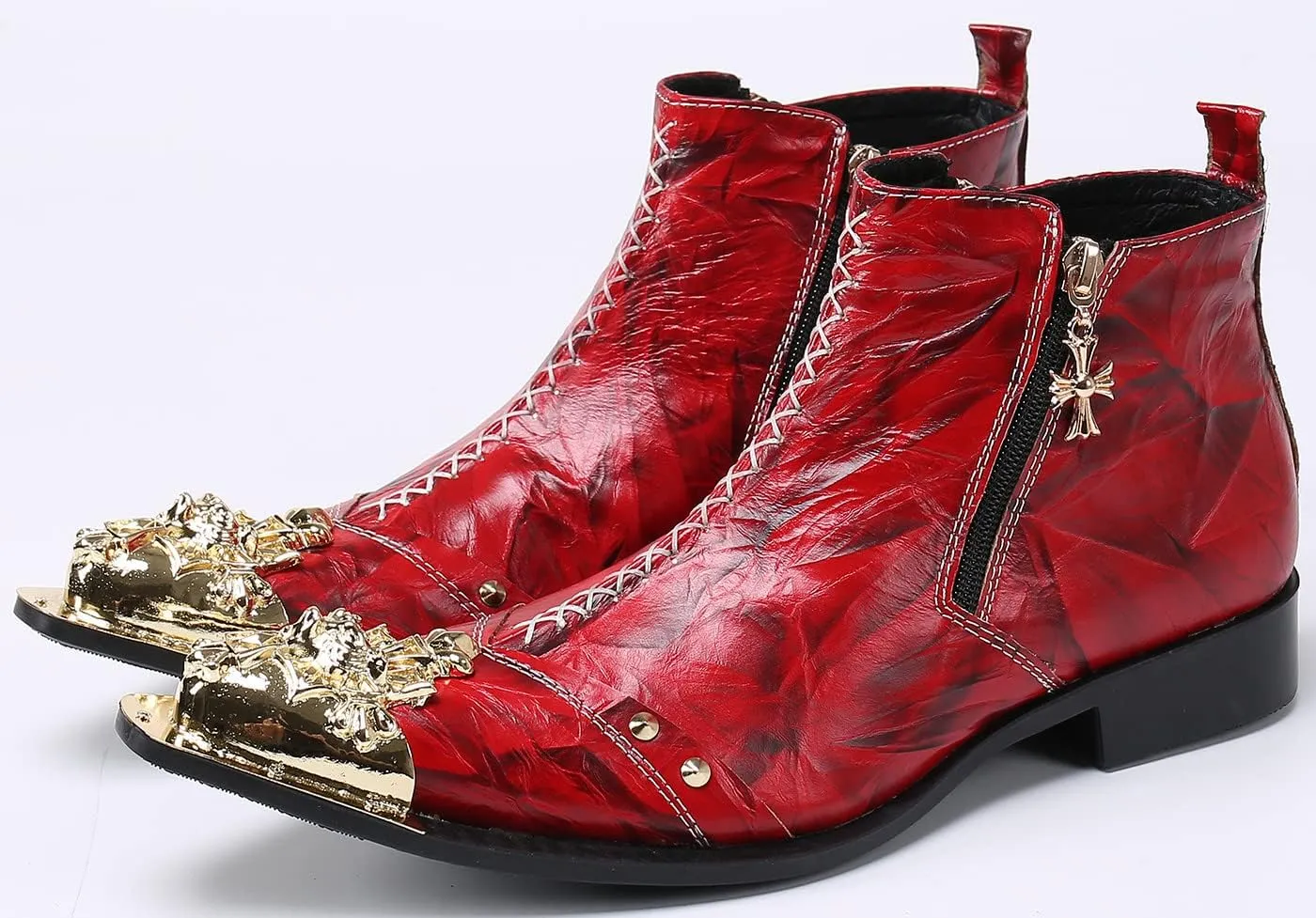 Santimon Mens Chelsea Boots Dress Casual Party Disco Western Boots Metal Wingtip Toe Genuine Leather Double Zipper Ankle Boots Singer Ballroom Wedding Prom Cowboy Boots