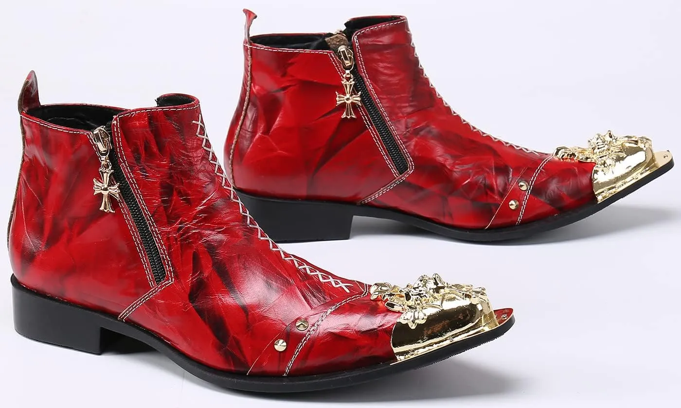Santimon Mens Chelsea Boots Dress Casual Party Disco Western Boots Metal Wingtip Toe Genuine Leather Double Zipper Ankle Boots Singer Ballroom Wedding Prom Cowboy Boots