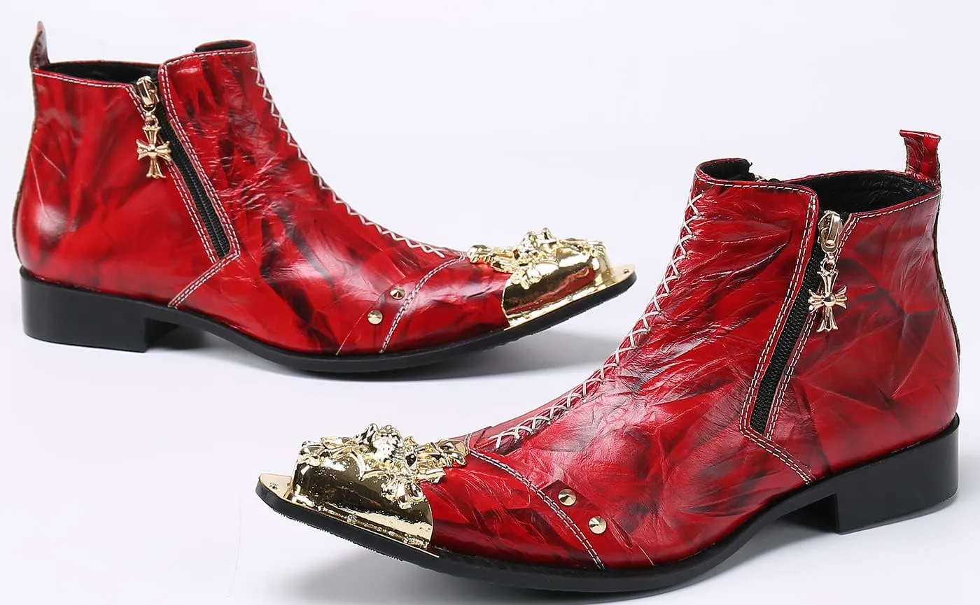 Santimon Mens Chelsea Boots Dress Casual Party Disco Western Boots Metal Wingtip Toe Genuine Leather Double Zipper Ankle Boots Singer Ballroom Wedding Prom Cowboy Boots