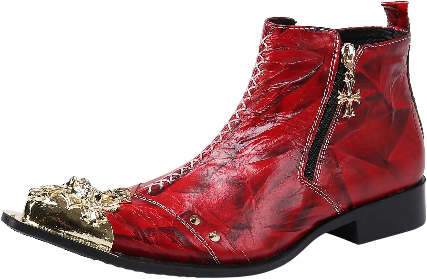 Santimon Mens Chelsea Boots Dress Casual Party Disco Western Boots Metal Wingtip Toe Genuine Leather Double Zipper Ankle Boots Singer Ballroom Wedding Prom Cowboy Boots