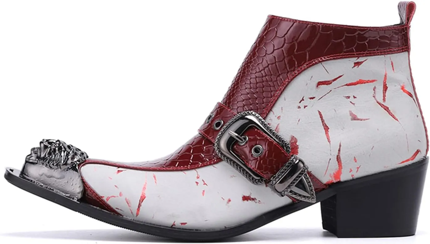 Santimon Mens Chelsea Boots Dress Casual Party Metal Tip Toe Genuine Leather Two Tone Snake Skin Texture Zipper Buckle Ankle Boots Fashion Western Cowboy Disco Ballroom Prom Chukka Boots