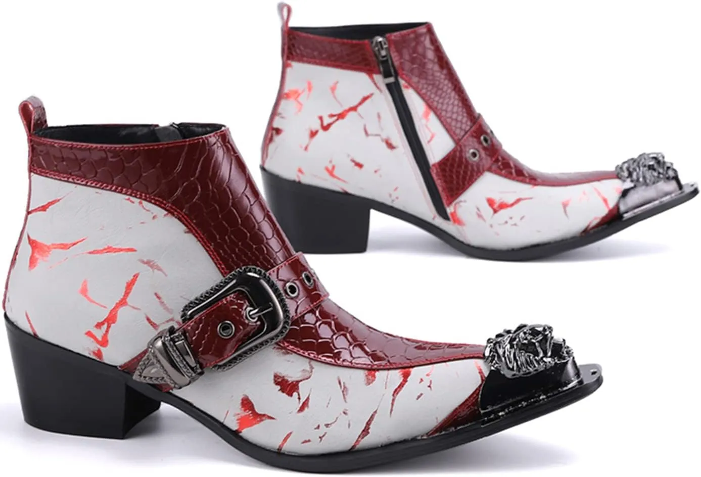 Santimon Mens Chelsea Boots Dress Casual Party Metal Tip Toe Genuine Leather Two Tone Snake Skin Texture Zipper Buckle Ankle Boots Fashion Western Cowboy Disco Ballroom Prom Chukka Boots