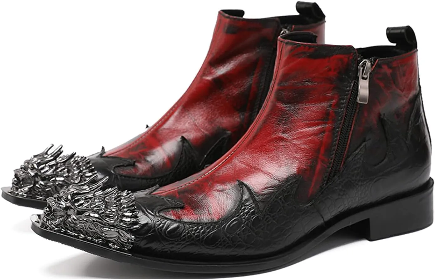 Santimon Men's Chelsea Boots - Genuine Leather Western Ankle Boots with Metal Dragon Wingtip-Toe & Double Zipper - Dress & Casual Cowboy Boots for Party, Disco & Bar