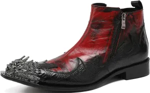 Santimon Men's Chelsea Boots - Genuine Leather Western Ankle Boots with Metal Dragon Wingtip-Toe & Double Zipper - Dress & Casual Cowboy Boots for Party, Disco & Bar